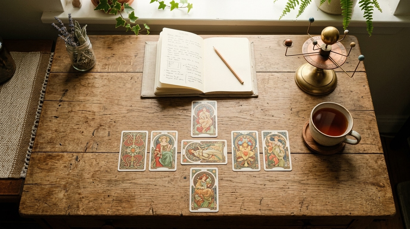Bureau avec cartes de tarot, carnet et thé