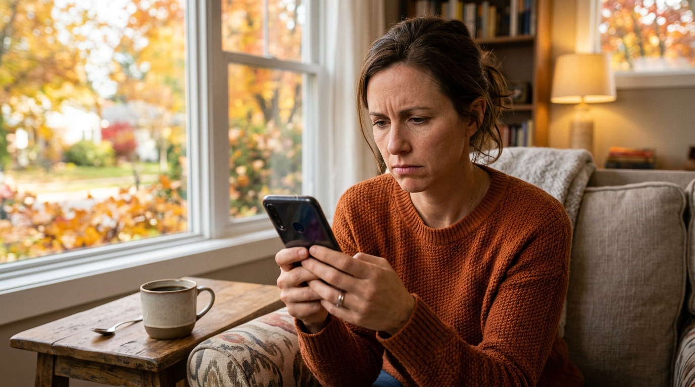 Personne déçue fixant son smartphone dans un salon d'automne