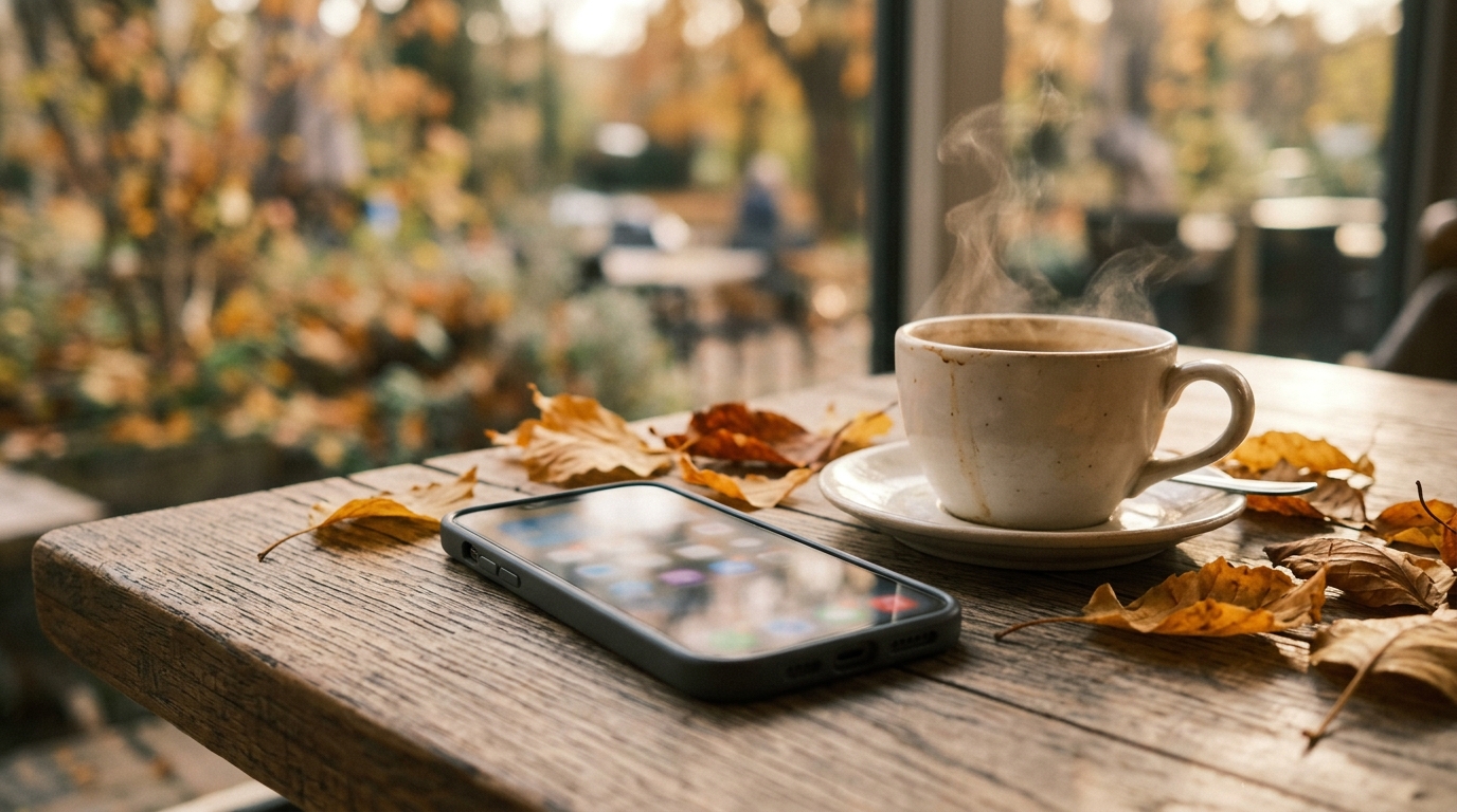 Smartphone posé près d'un café fumant et de feuilles dorées