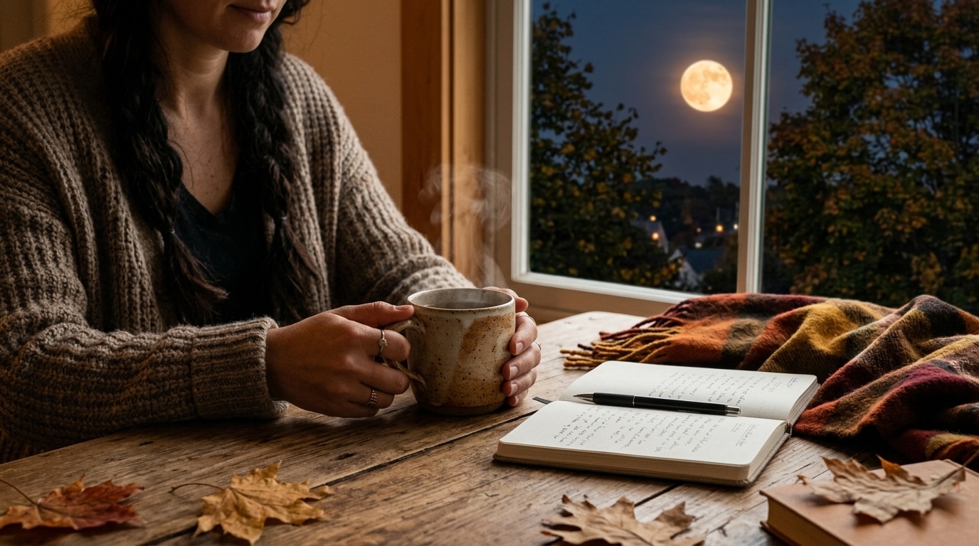 Tasse de thé et carnet sous une pleine lune d'automne