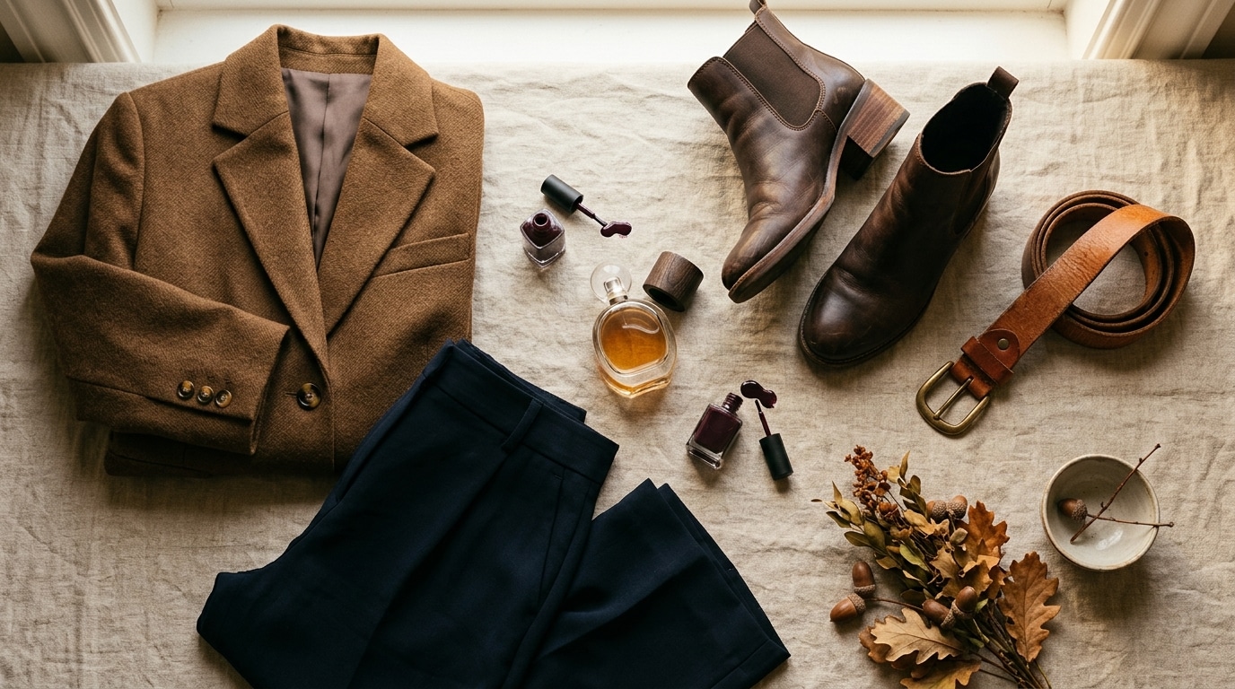 Blazer, bottines, parfum et vernis foncé en composition d'automne