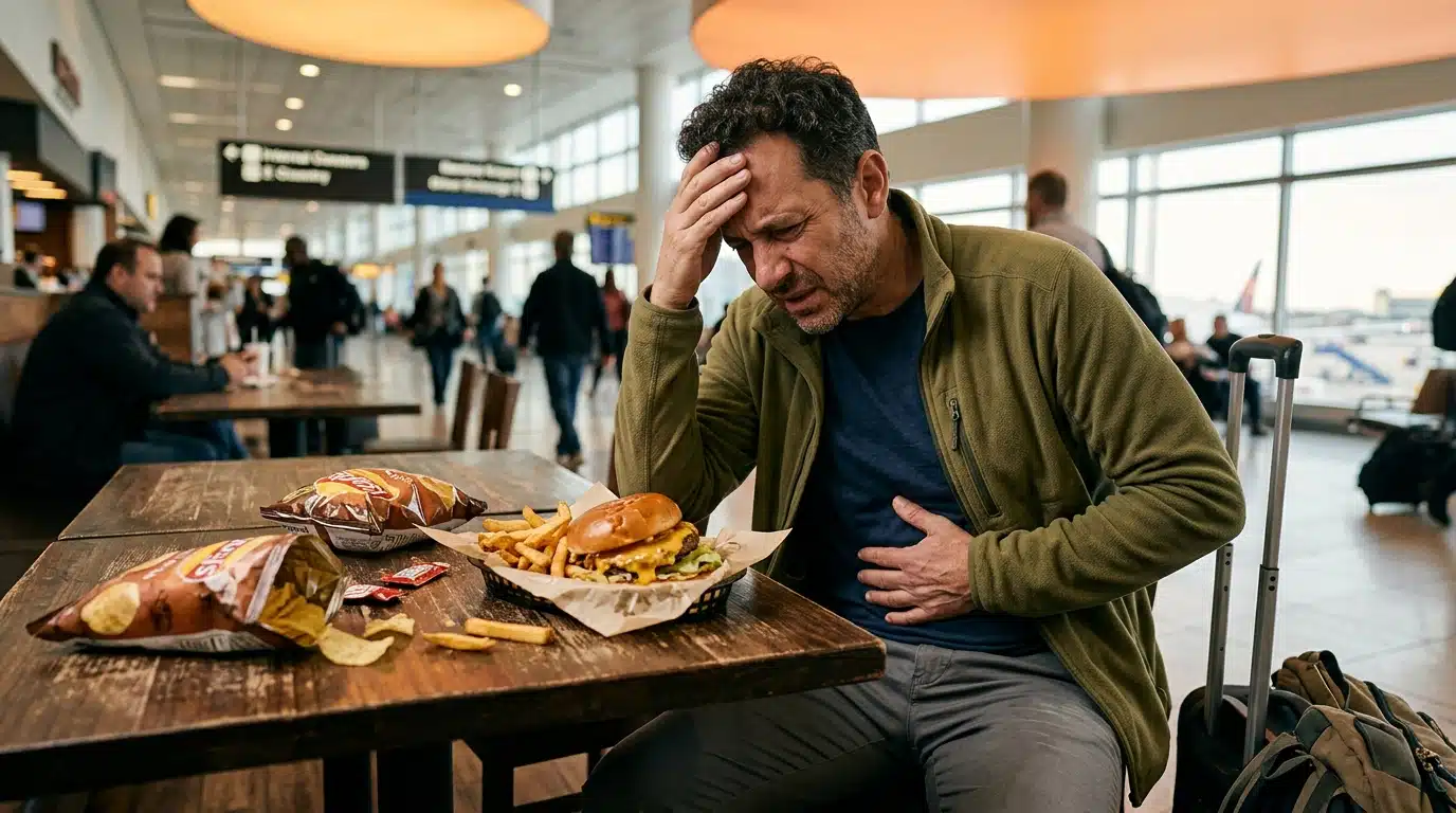 Burger, frites et chips avant un vol, passager inconfortable