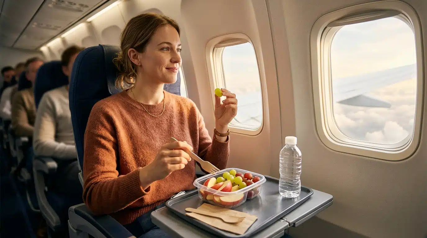 Passager mangeant des fruits frais dans un avion