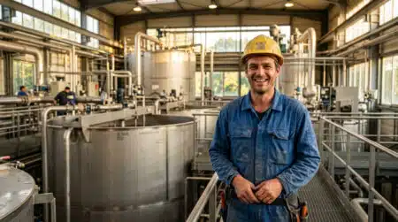 Hugo, technicien en traitement des eaux, dans son usine à Albi