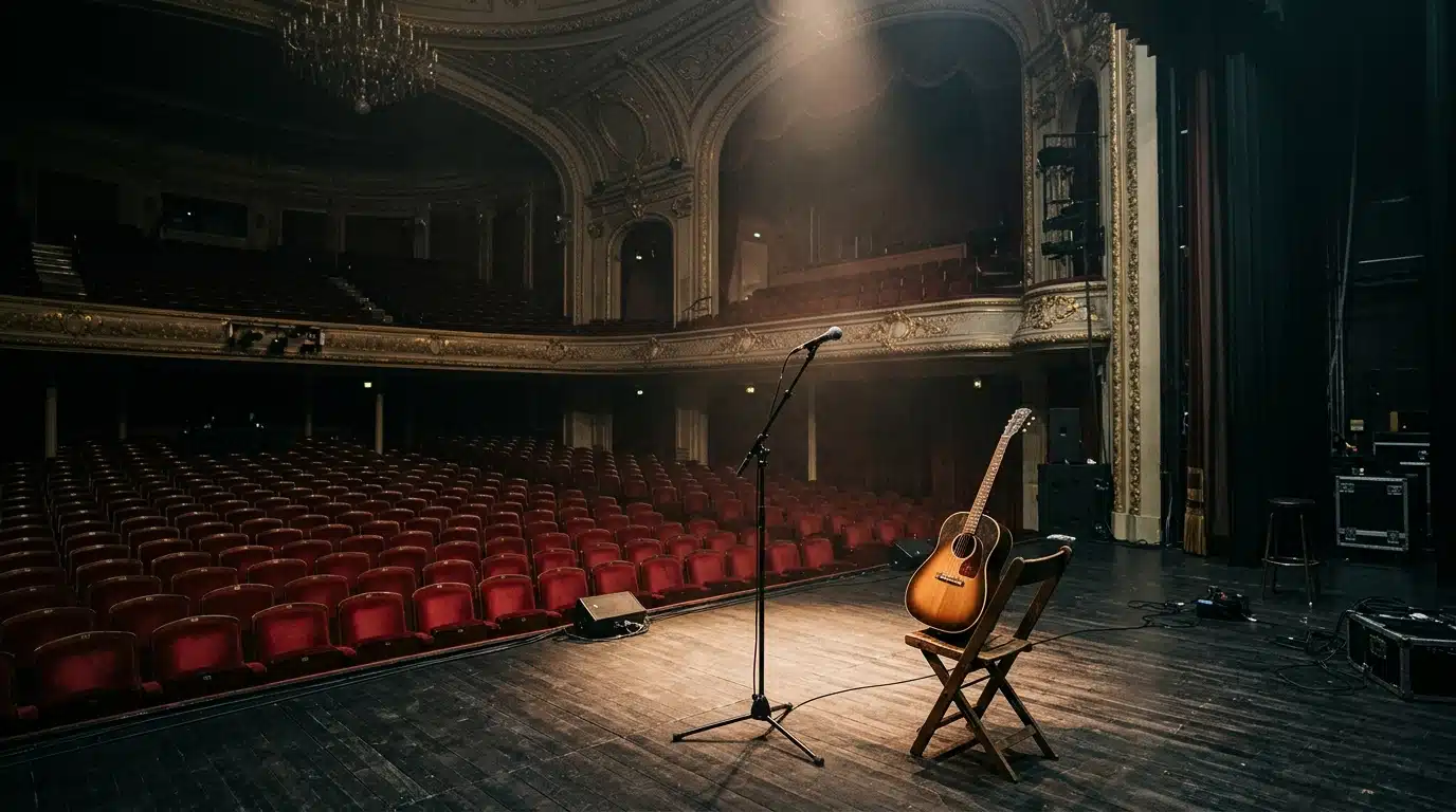 Scène de concert vide, microphone et guitare, symbole du concert reporté à Bressuire