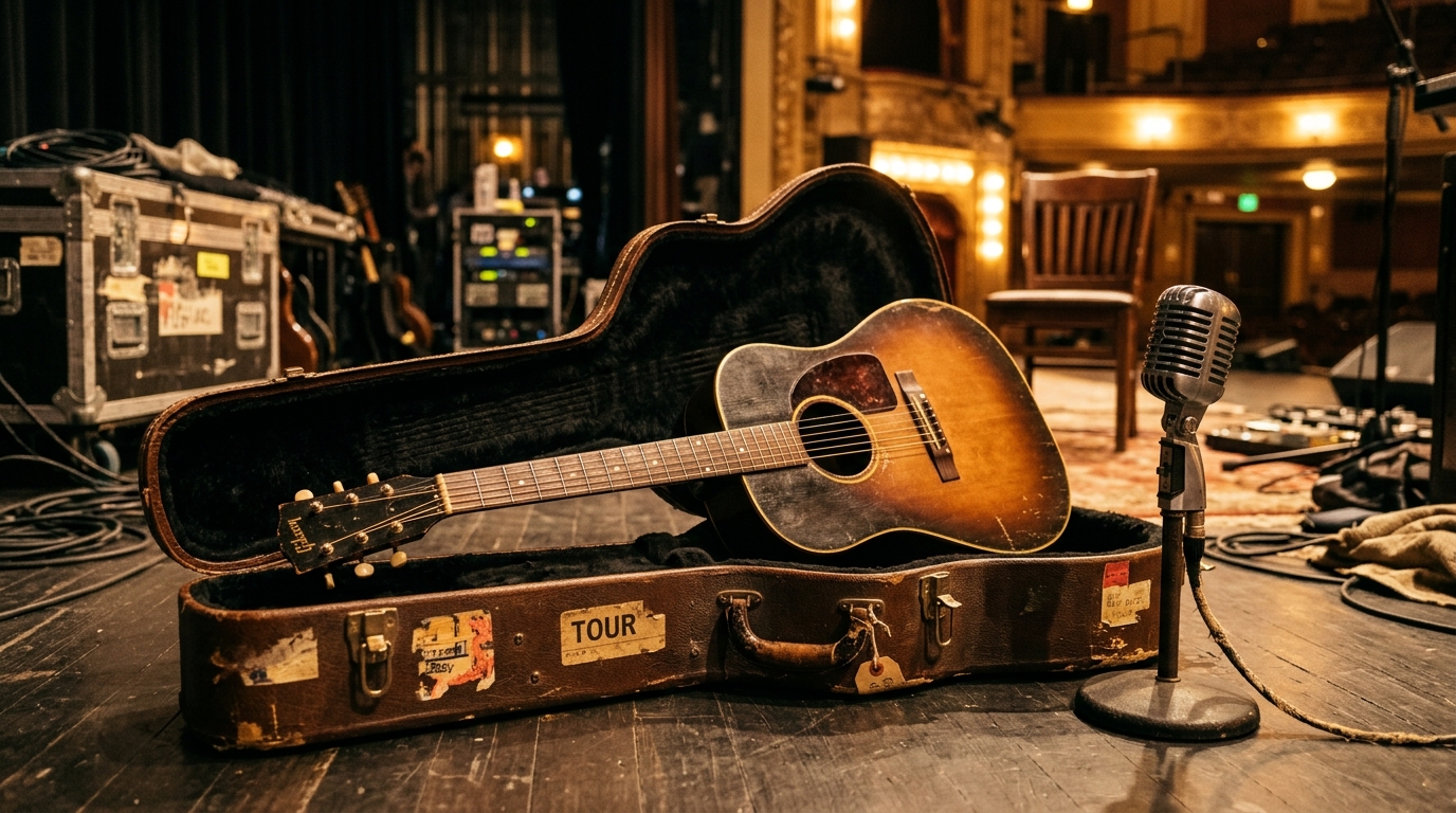 Guitare acoustique dans son étui de tournée en coulisses