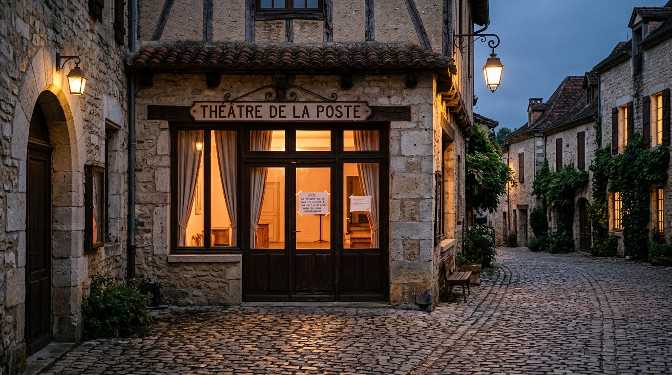 Entrée d'un théâtre de petite ville au soir, concert reporté