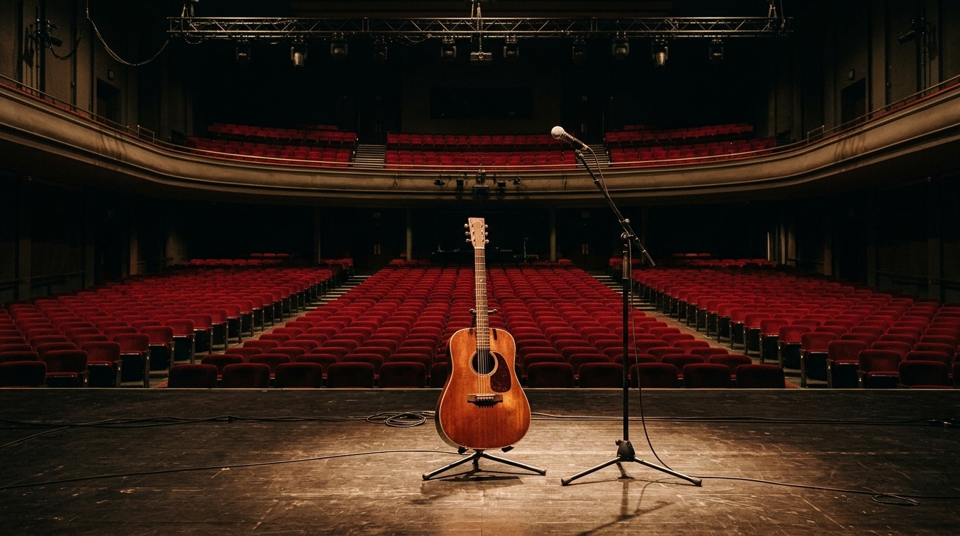 Scène de concert vide avec guitare acoustique et micro