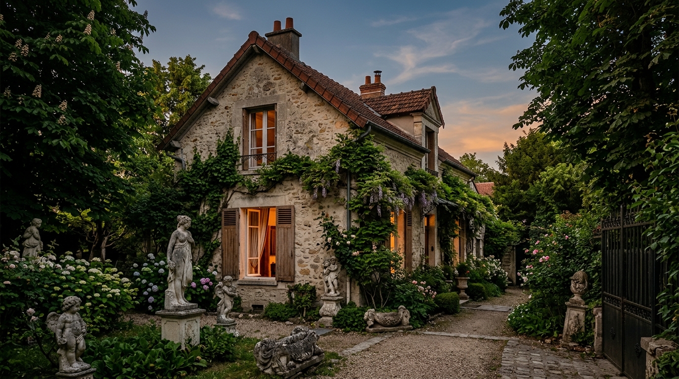 Vieille maison de pierre avec fenêtre ouverte au crépuscule