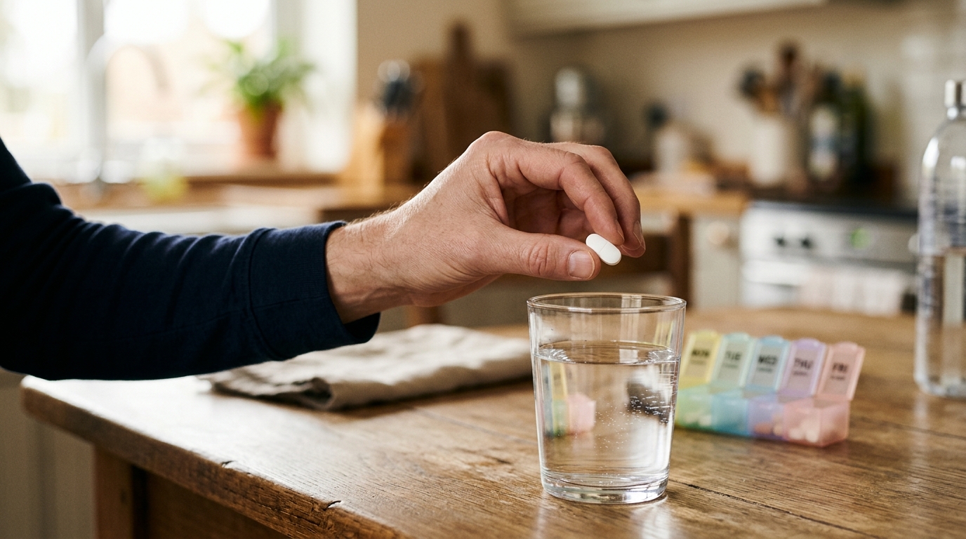 Main tenant un comprimé au-dessus d'un verre d'eau