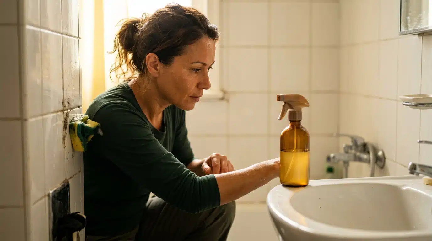 Femme nettoyant une tache de moisissure dans une salle de bains
