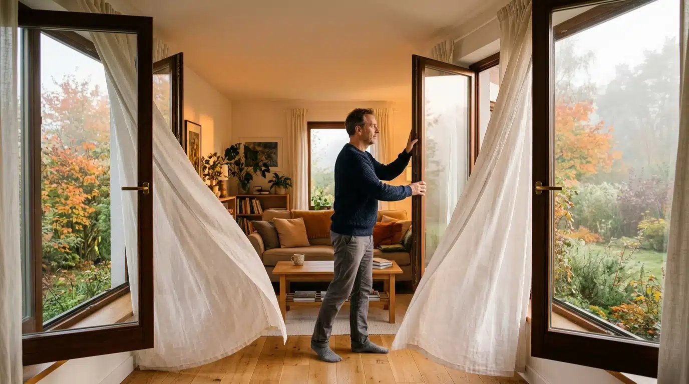 Homme ouvrant deux fenêtres pour aérer le salon le matin