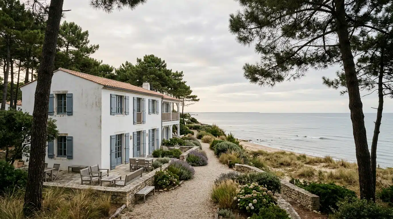 Façade d'un hôtel balnéaire calme sur l'île de Ré
