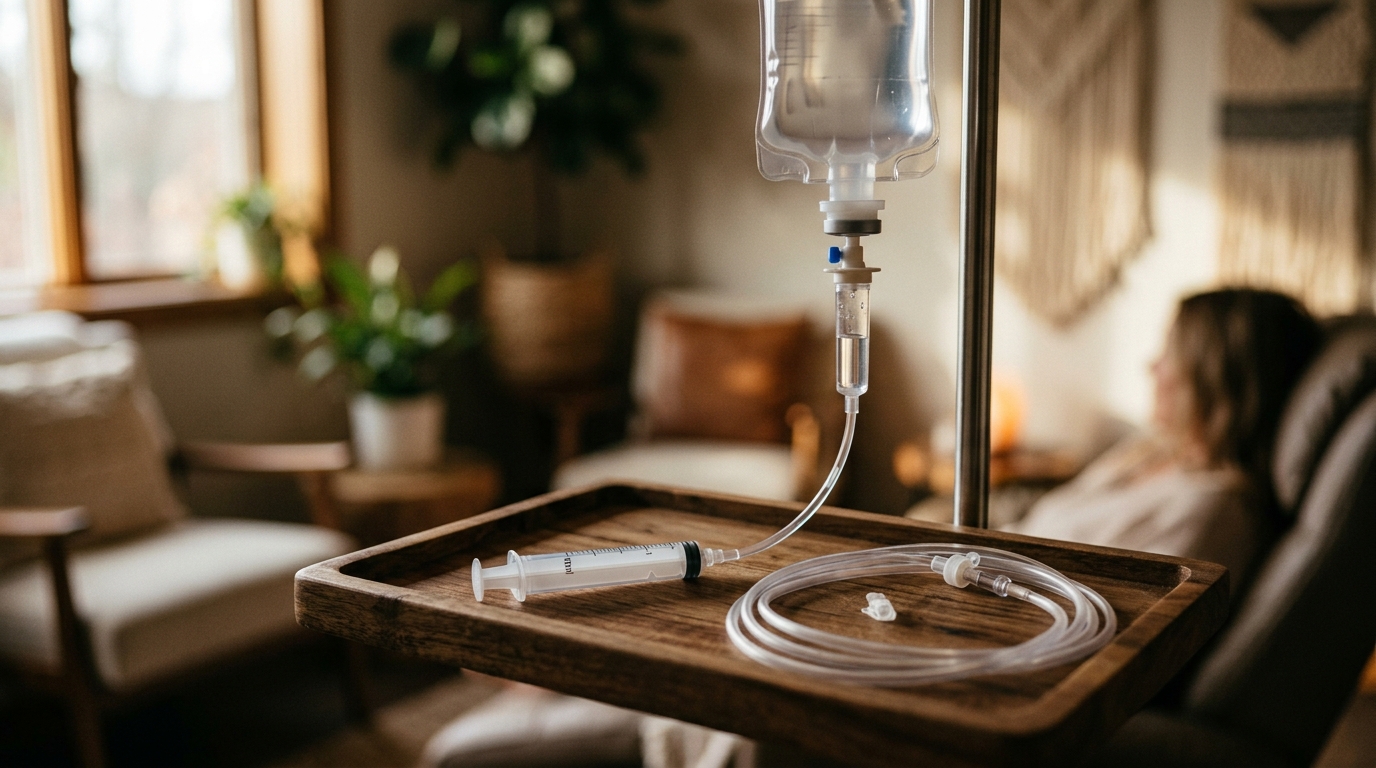 Perfusion et seringue posées sur un plateau de soins