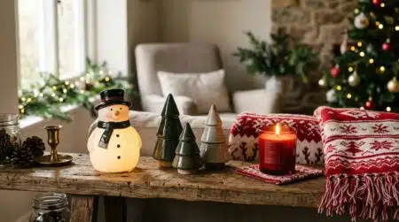 Lampe bonhomme de neige et mini sapins en céramique