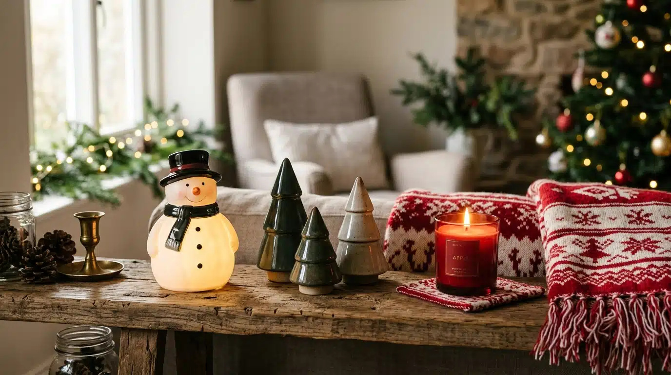 Lampe bonhomme de neige et mini sapins en céramique