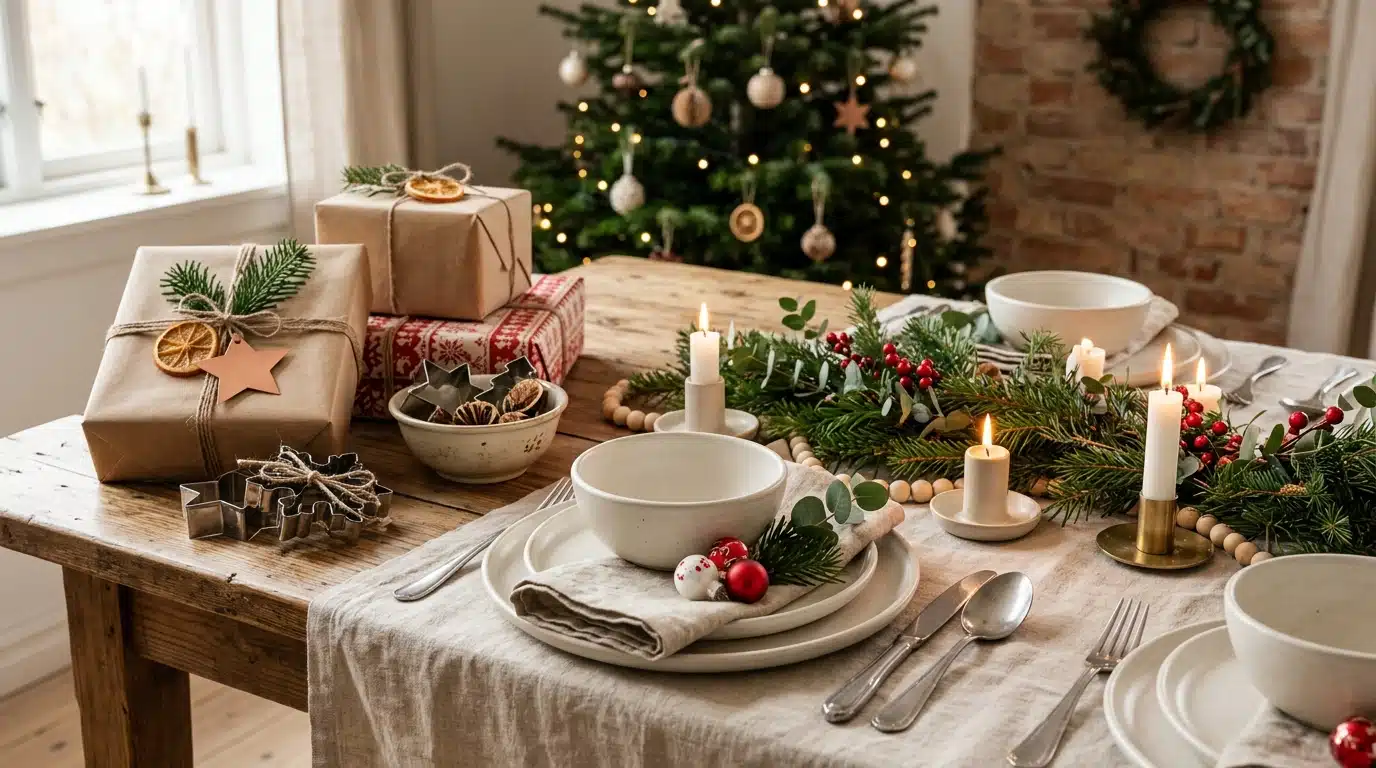 Table de fête scandinave avec vaisselle et papier cadeau