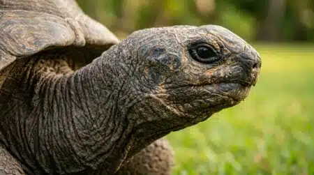 Gros plan sur le visage ridé d'une tortue géante