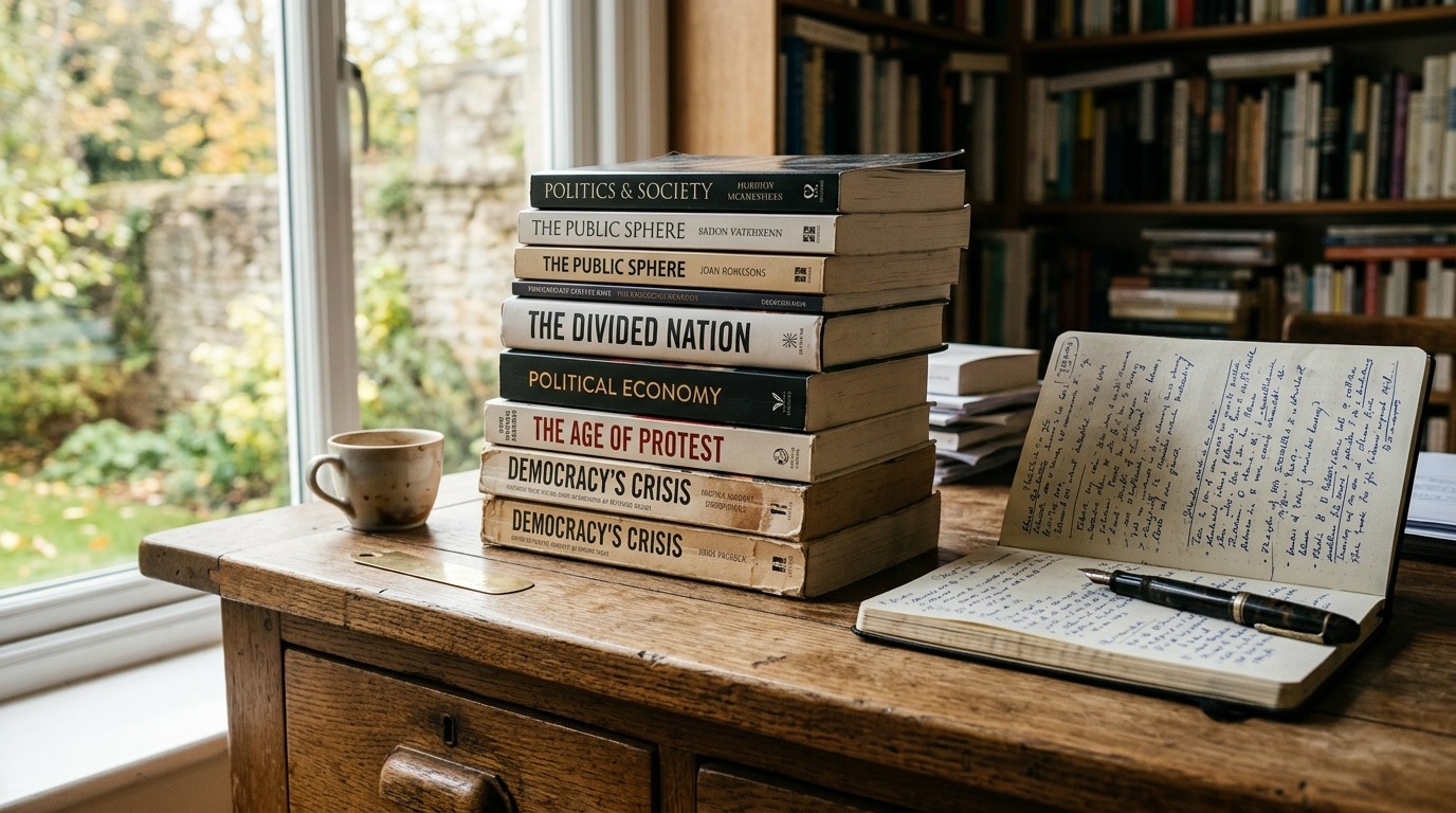 Pile de livres politiques et carnet ouvert sur un bureau en bois