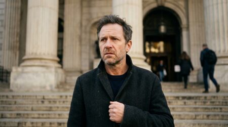 Personne inquiète devant les marches d'un tribunal