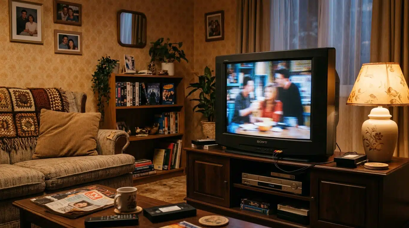 Téléviseur vintage diffusant une scène de sitcom dans un salon chaleureux des années 2000