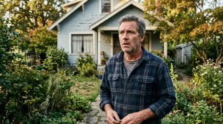Homme inquiet devant une maison au fond d'un grand jardin