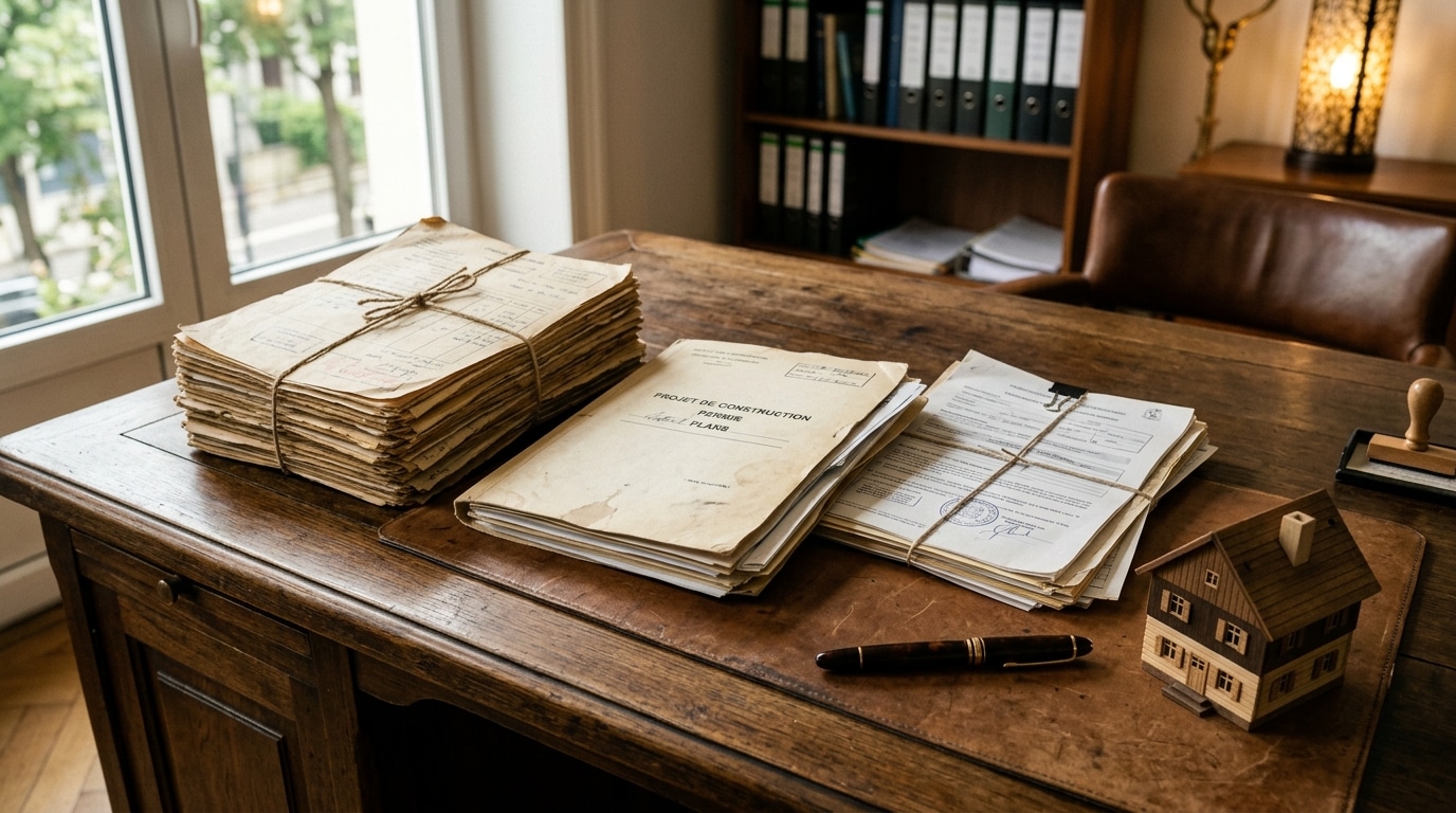 Dossiers de factures et maquette de maison sur un bureau de notaire