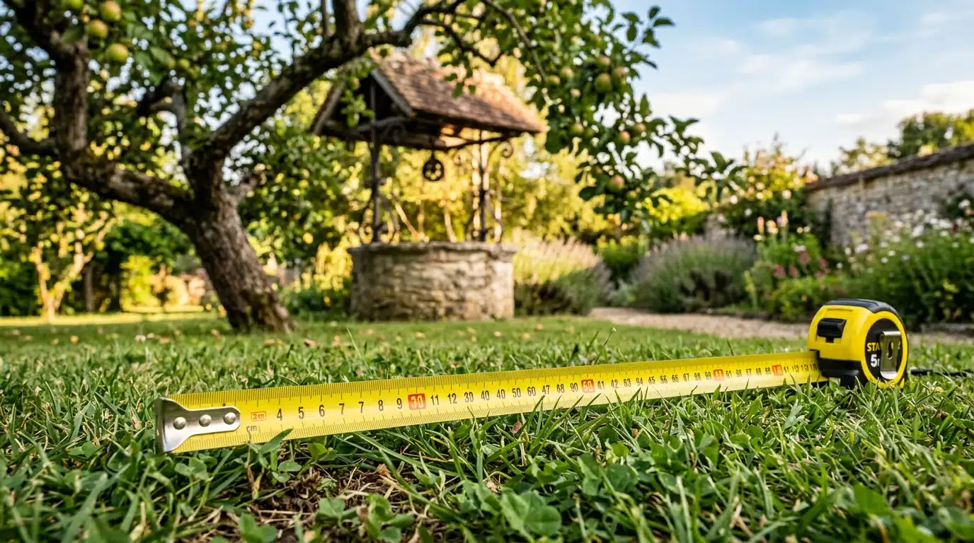 Mètre ruban tendu sur l'herbe près d'un puits