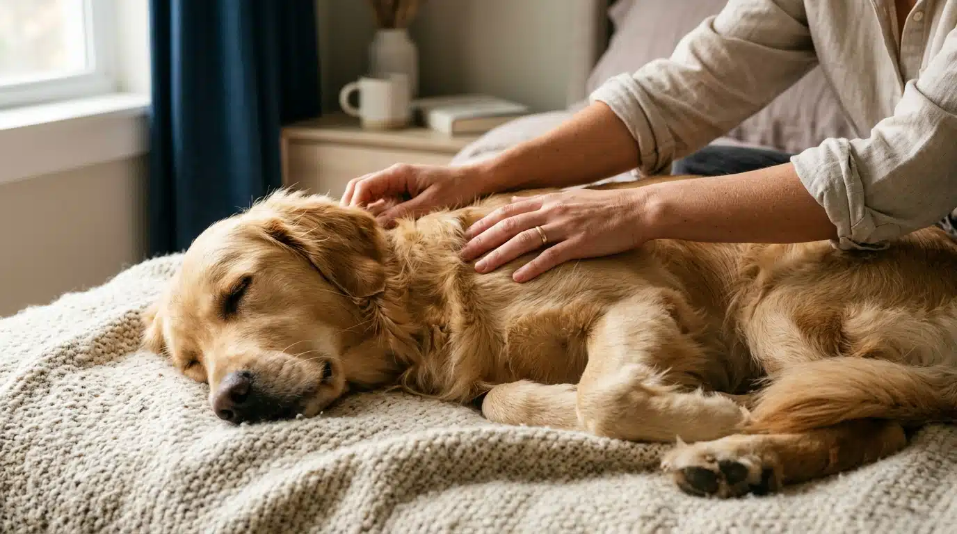Mains caressant un chien endormi sur une couverture