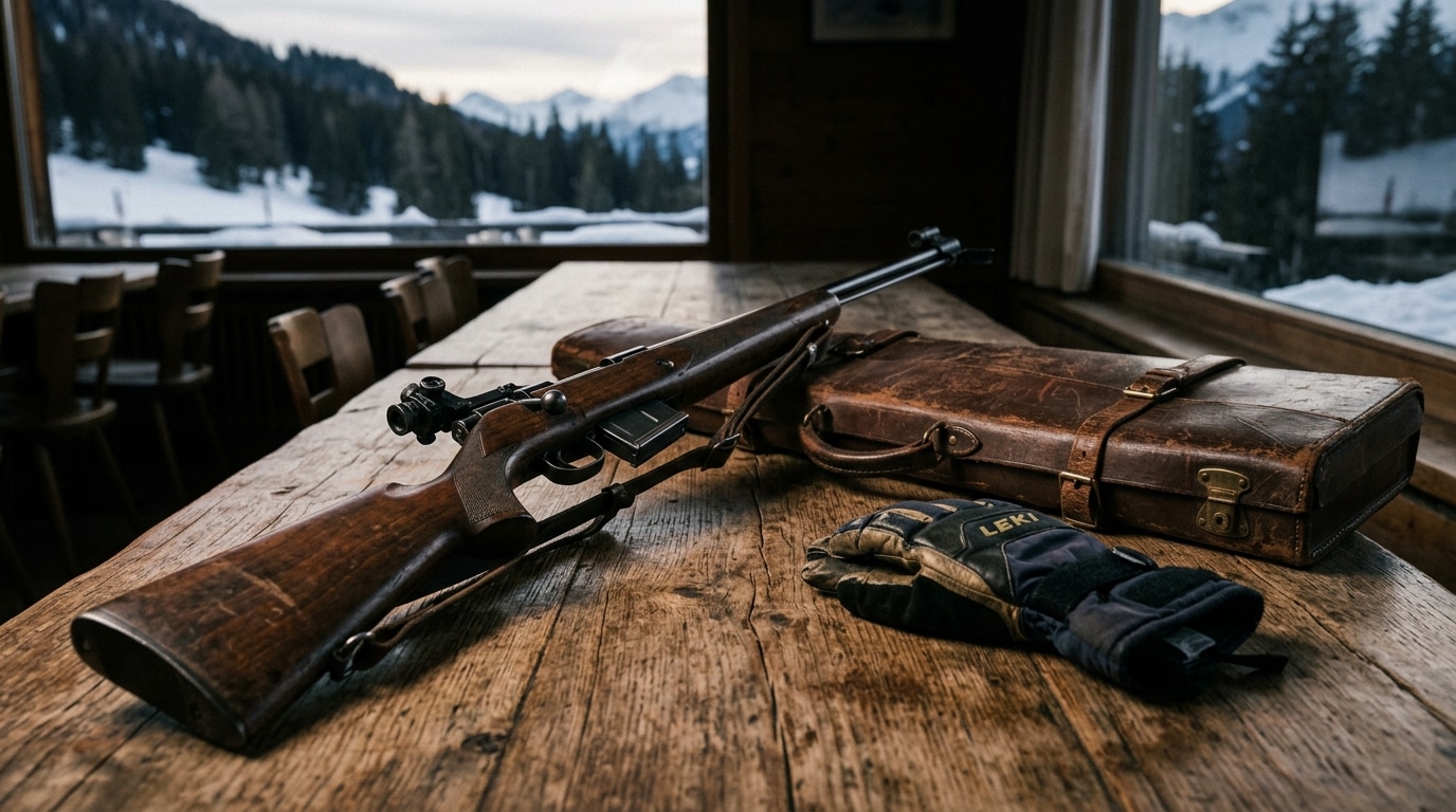 Carabine de biathlon posée sur une table en bois