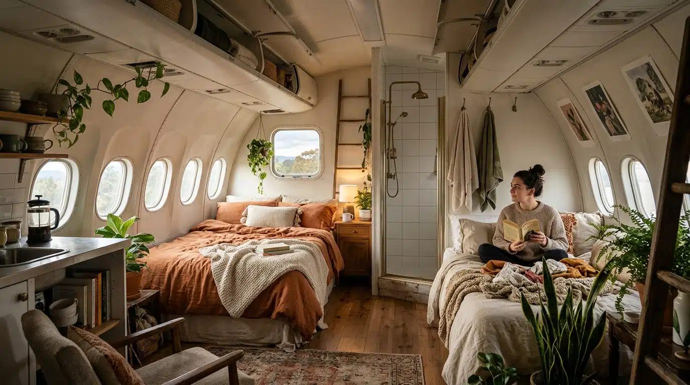 Intérieur aménagé en studio dans un fuselage d'avion