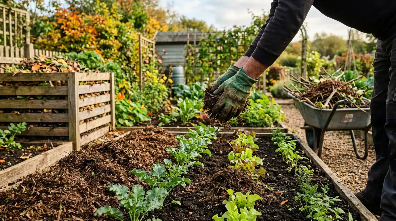 Mains gantées étalant du paillage au pied du potager