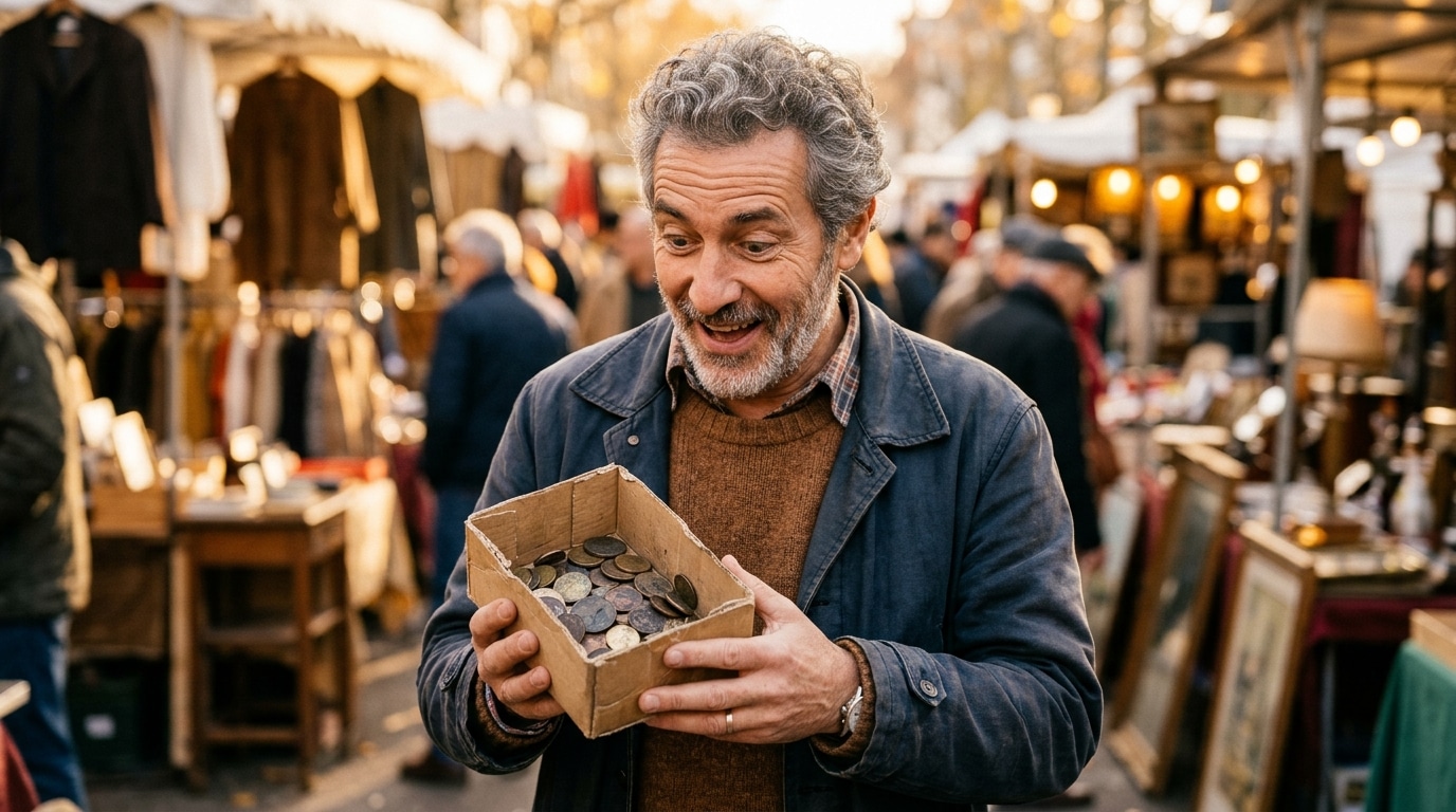 Homme tenant une boîte de vieilles pièces en brocante
