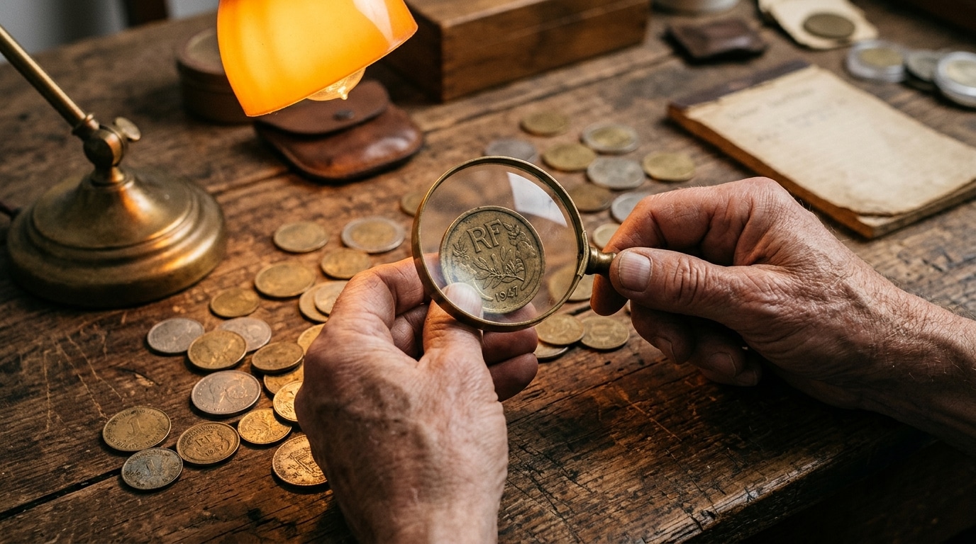Pièce de franc examinée à la loupe sur une table