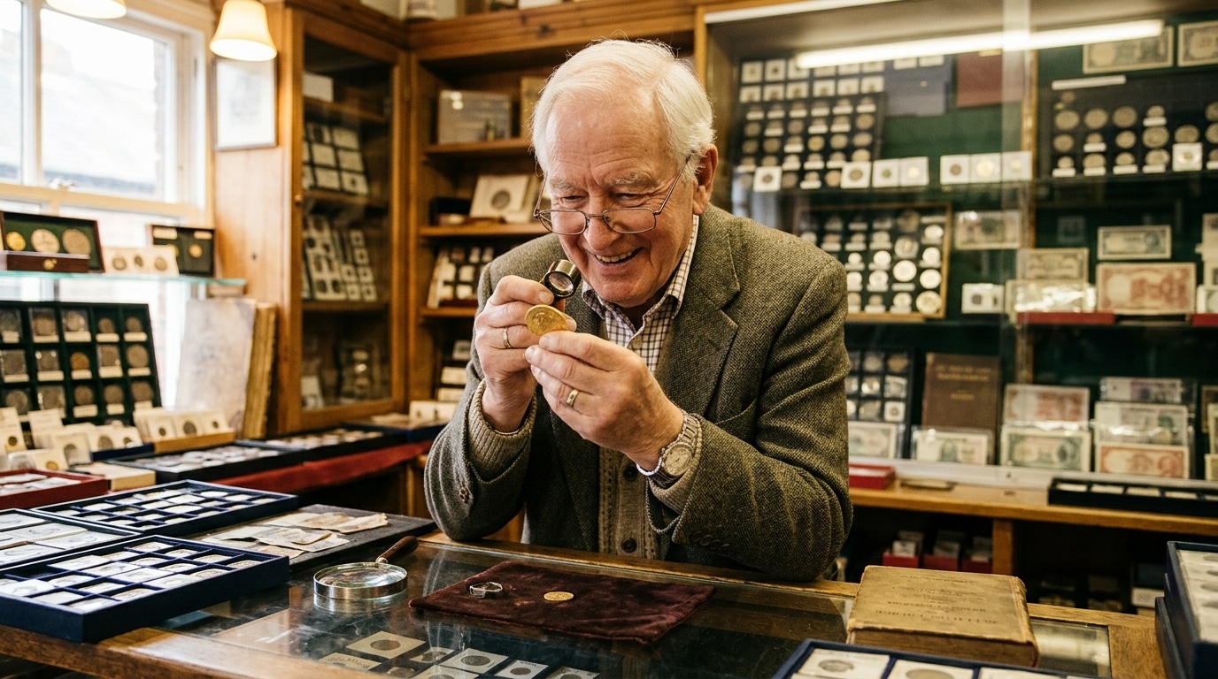 Collectionneur étonné devant une pièce rare