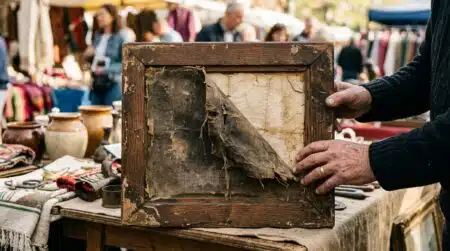 Mains dégageant un vieux papier derrière une toile déchirée