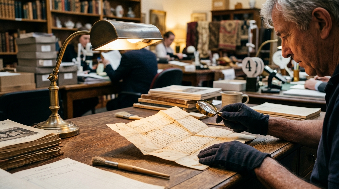 Expert examinant un document ancien à la loupe