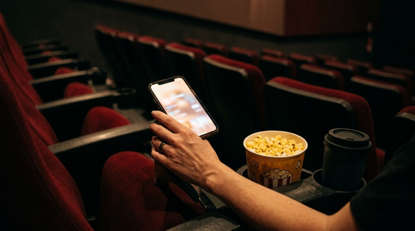 Main tenant un smartphone allumé dans une salle obscure