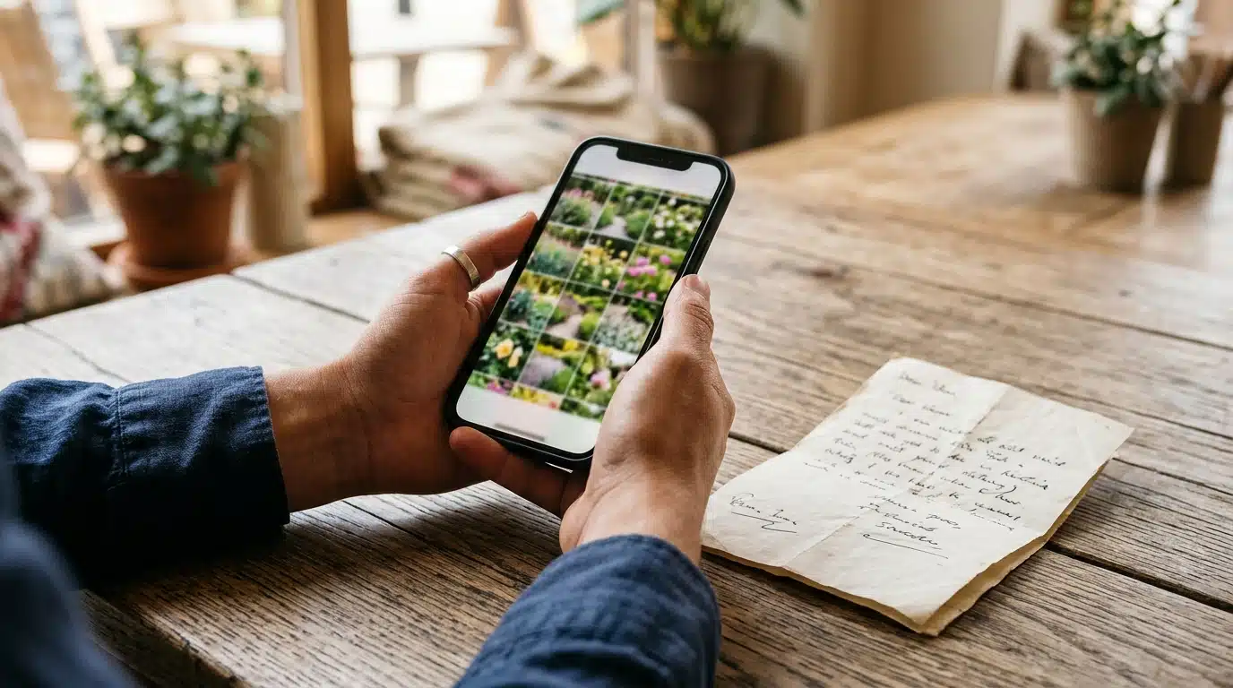 Mains tenant un téléphone et un mot plié sur une table