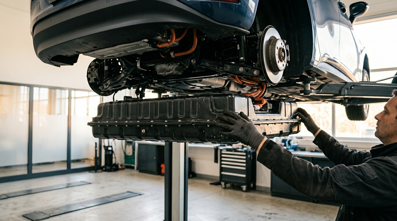 Pack de batterie de voiture électrique retiré dans un garage