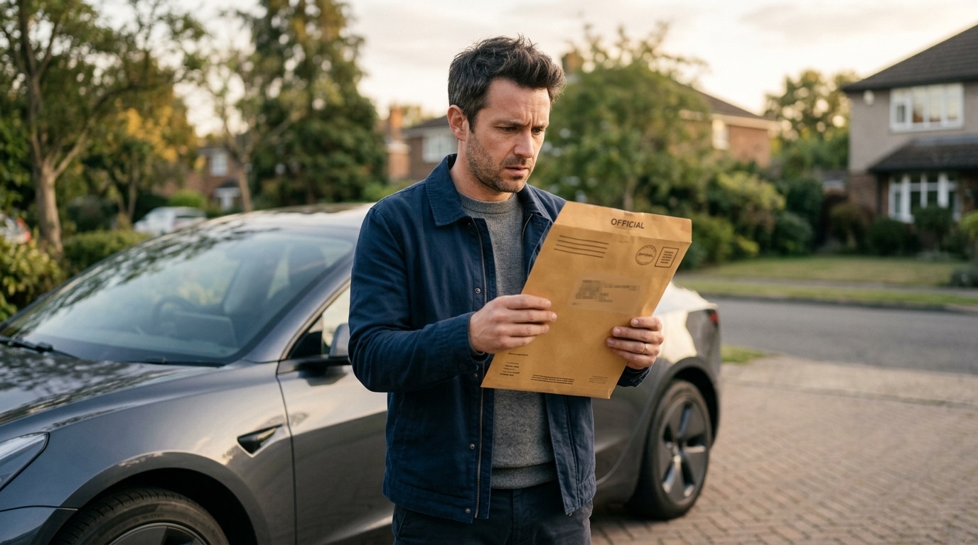 Propriétaire perplexe tenant une enveloppe près de sa voiture électrique