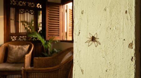 Petite araignée sur le mur d'une villa balinaise