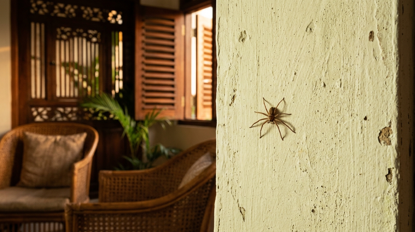 Petite araignée sur le mur d'une villa balinaise