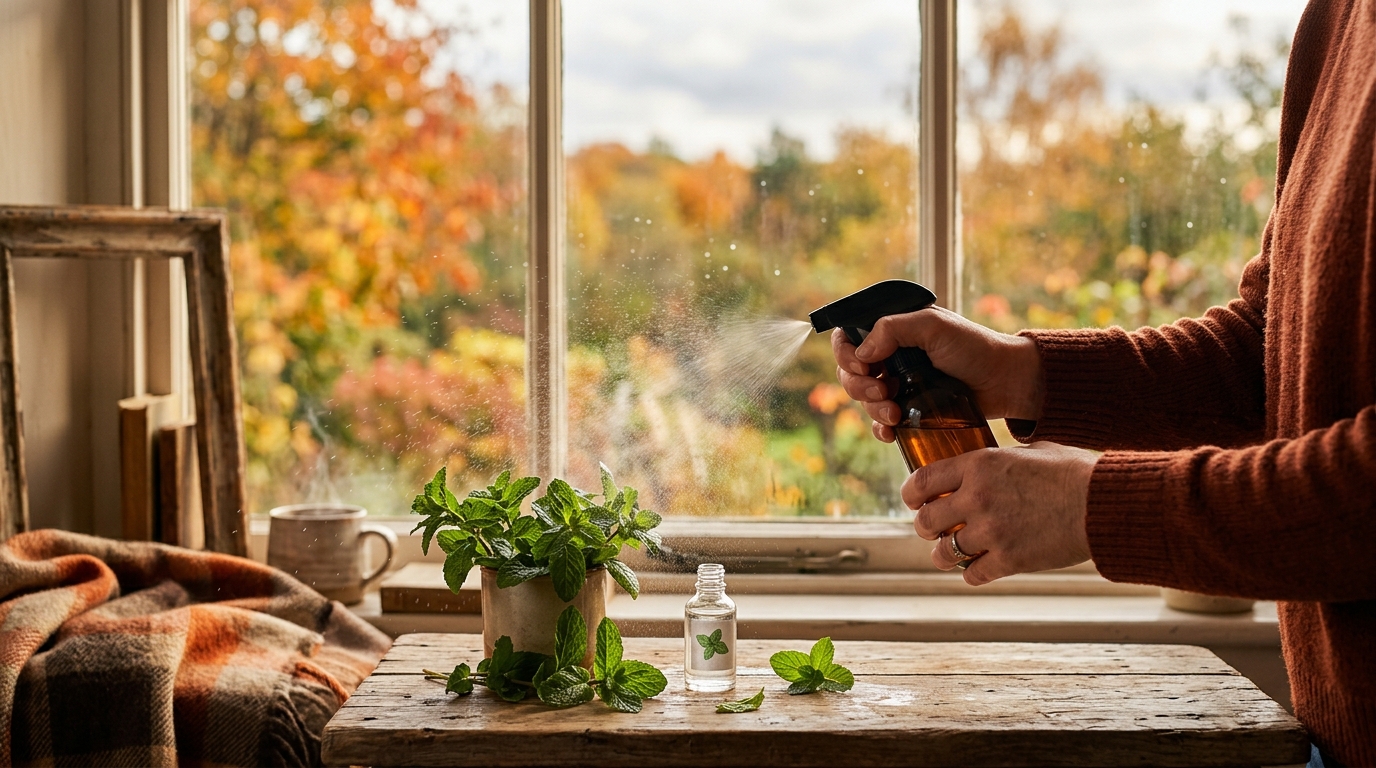 Vaporisateur de menthe poivrée sur un rebord de fenêtre