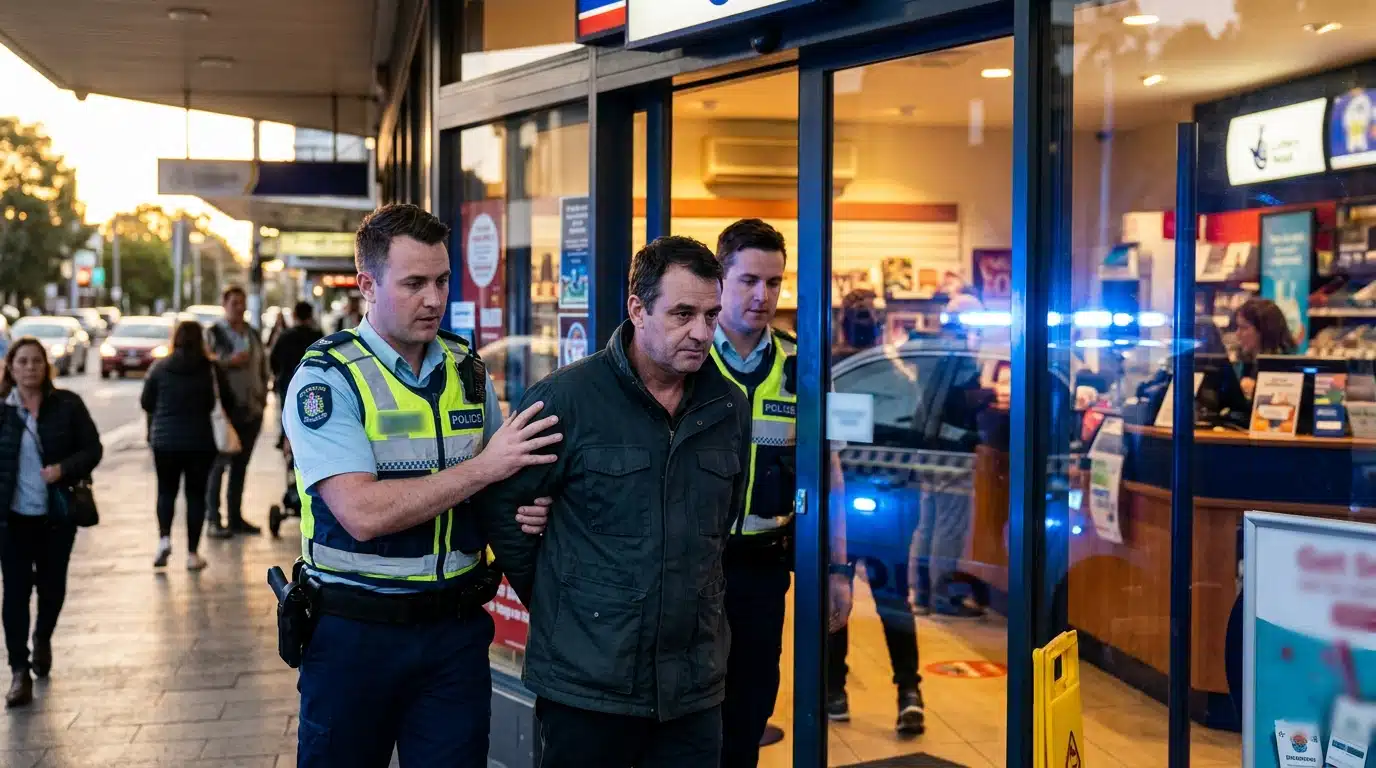 Policiers raccompagnant un homme à la sortie d'un point de vente