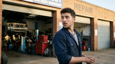 Jeune homme stupéfait devant un atelier de carrosserie