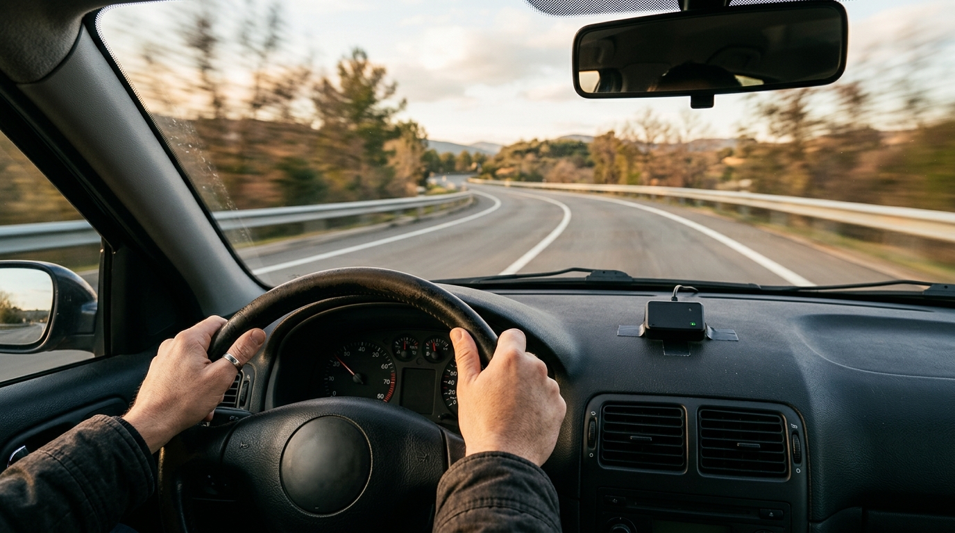 Mains sur un volant, route floue et boîtier de suivi