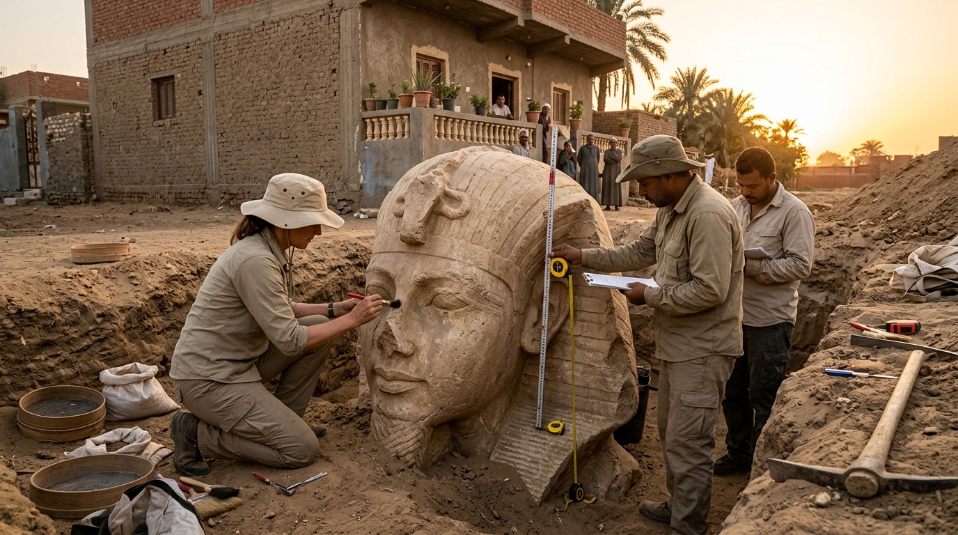 Archéologues examinant la tête colossale de Ramsès II