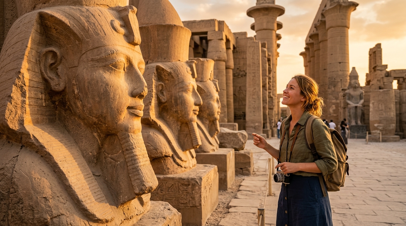 Visiteuse devant des statues géantes de pharaons