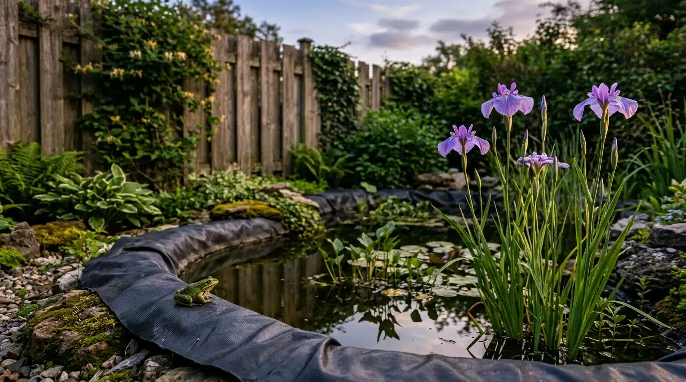 Petite mare de jardin avec iris et grenouille au crépuscule